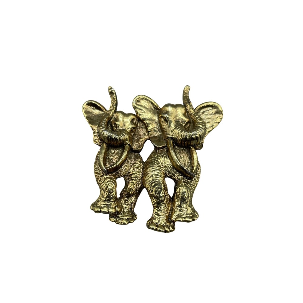 Vintage Gold Tone Double Elephant Brooch Pin Raised Trunks Animal Jewelry